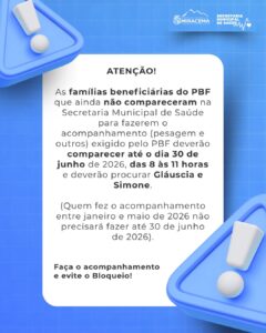 Secretaria Municipal de Saúde de Miracema convoca beneficiários do PBF para acompanhamento