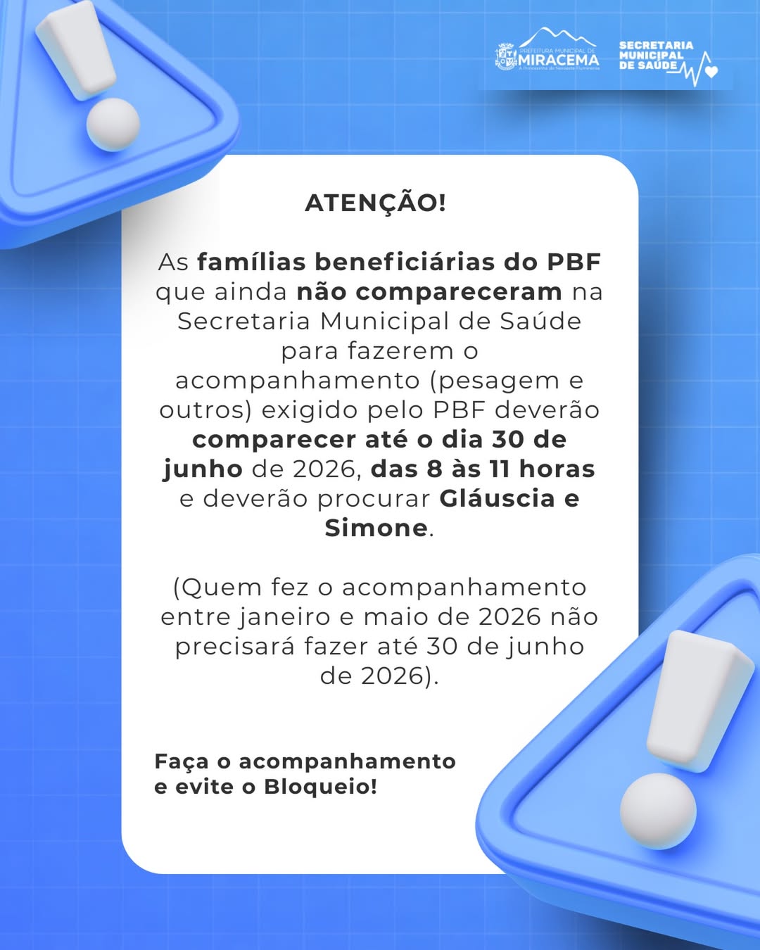 Secretaria Municipal de Saúde de Miracema convoca beneficiários do PBF para acompanhamento