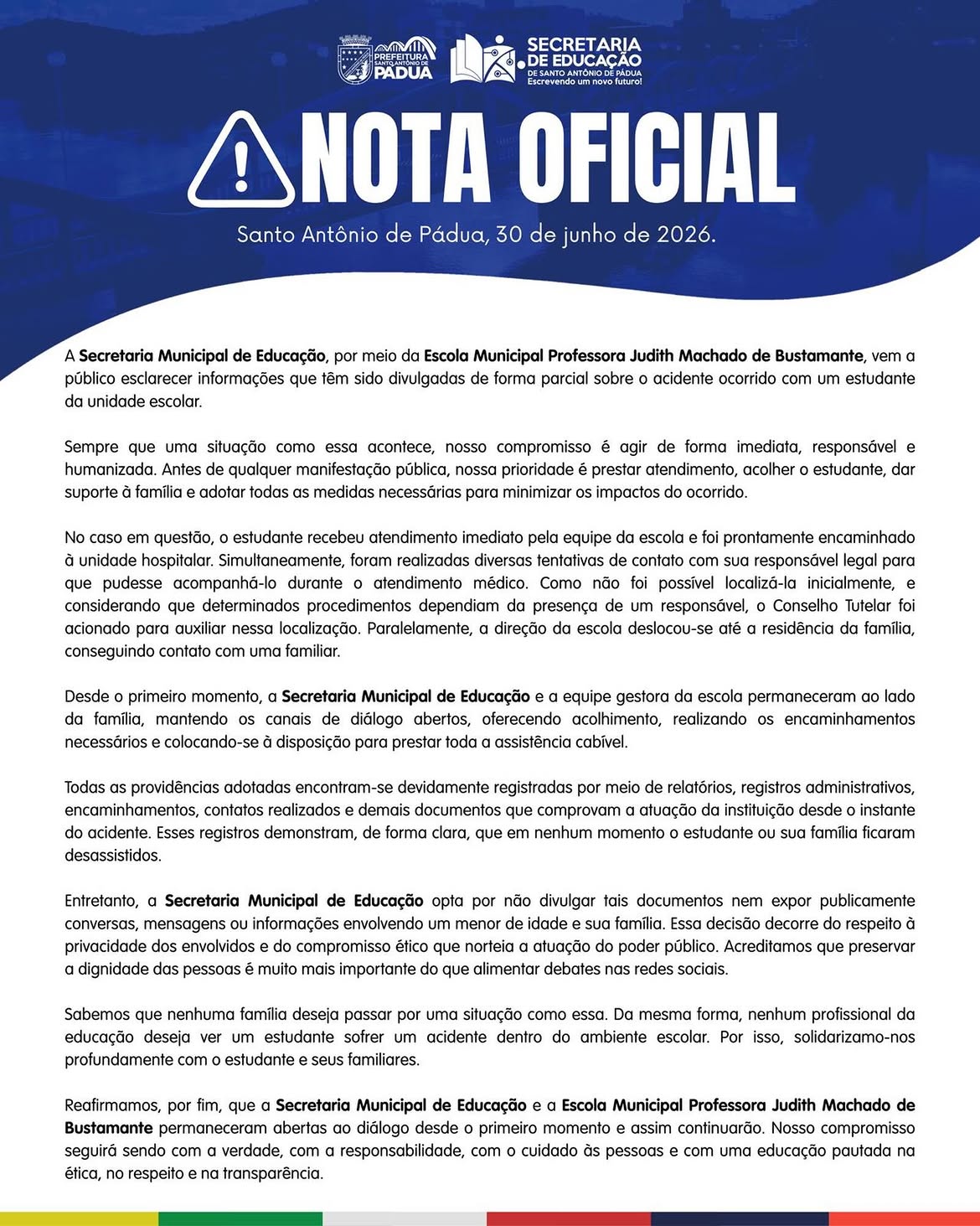 Nota Oficial da Secretaria de Educação sobre acidente escolar em Santo Antônio de Pádua